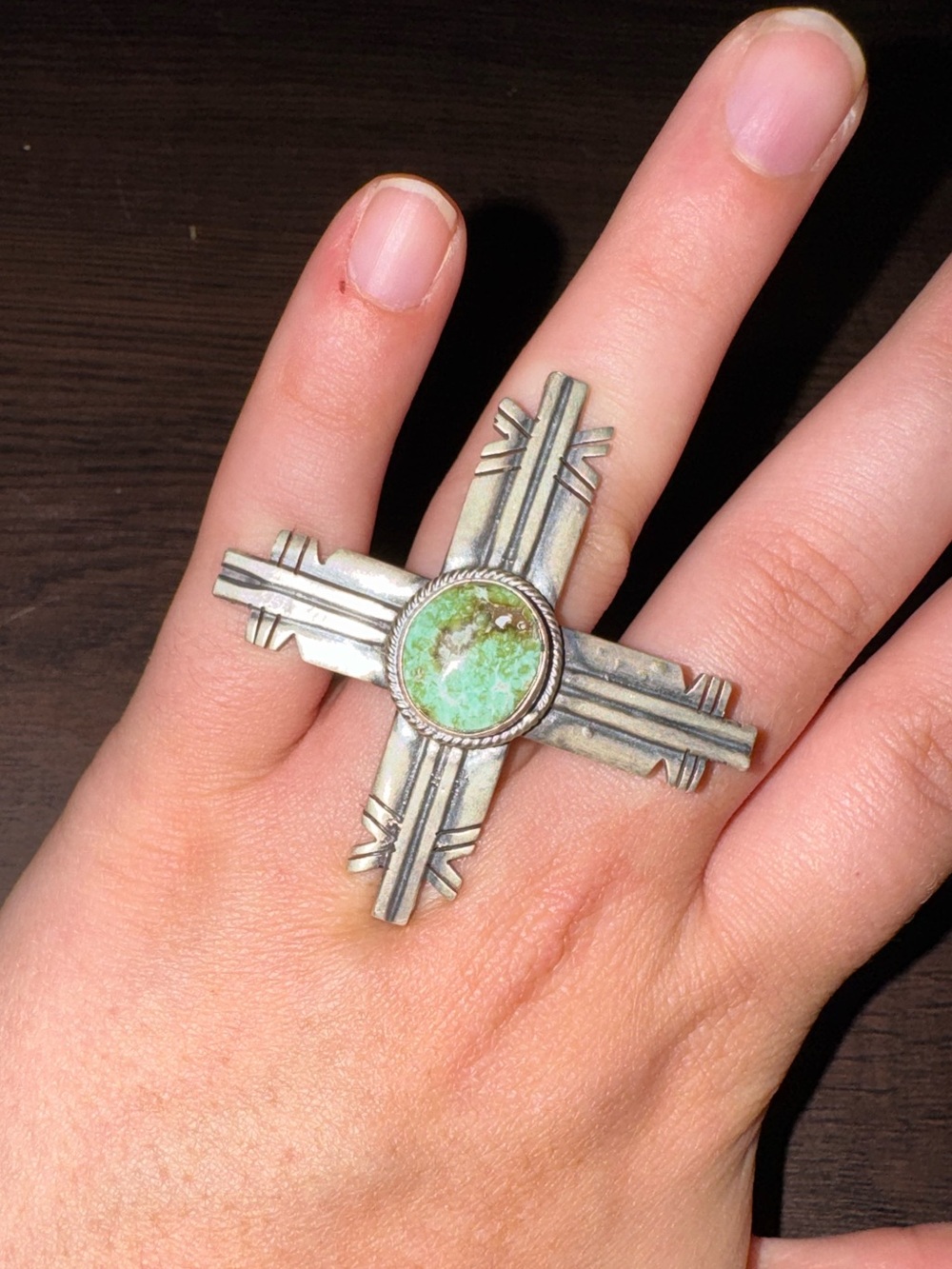 Authentic Navajo-made .925 Silver & Sonoran Gold Turquoise Zia Ring Size 7